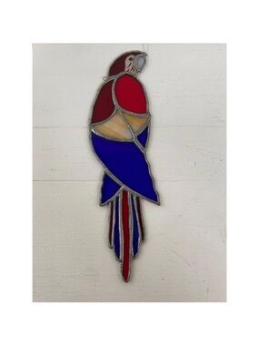vintage stained glass Scarlet Macaw suncatcher 12” parrot on a branch